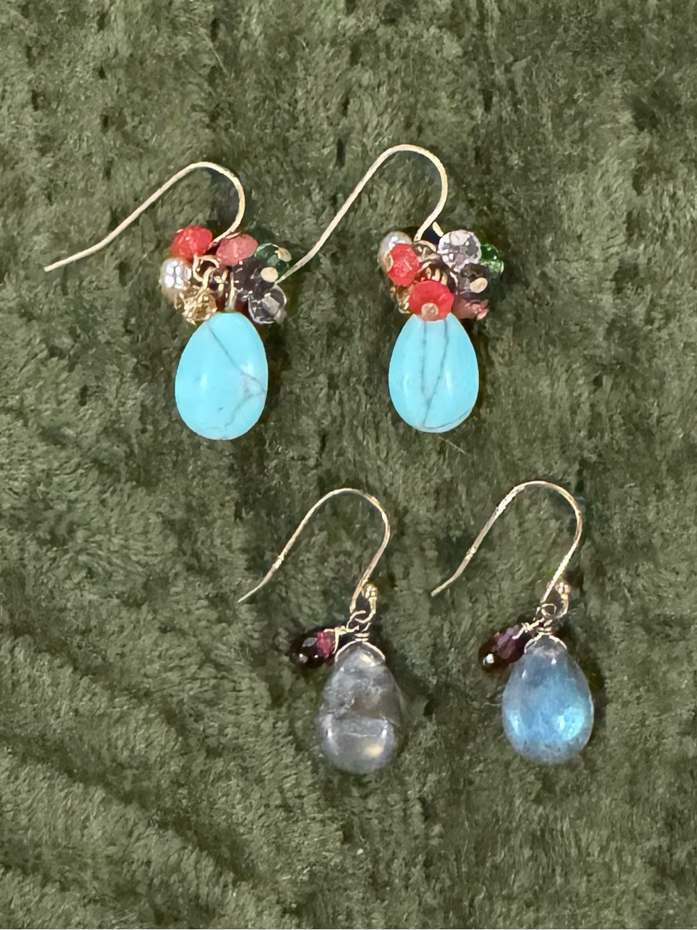 2 Pair Gold Teardrop Dangle Earrings w/ Multicolor Beads-Turquoise & Grey Quartz